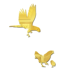 Detail of golden acrylic eagle and chicken mirror wall stickers with reflective surface