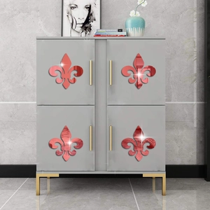 Red mirror acrylic wall stickers with fleur-de-lis pattern on grey hallway cabinet