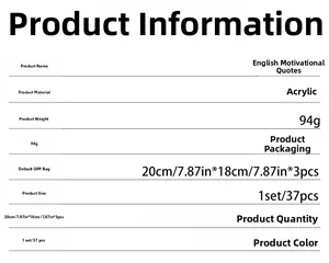 Detailed size chart and specifications for acrylic inspirational quote mirror wall stickers