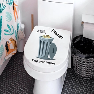 Waterproof PVC toilet seat sticker with hygiene reminder and waste bin illustration