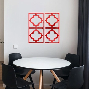 4-piece set of red acrylic mirror wall stickers with geometric cutout design for home decor