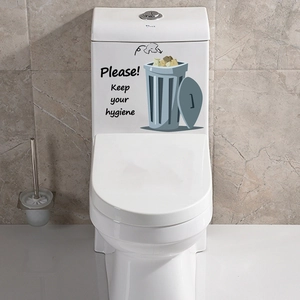 Waterproof PVC toilet sticker with Please Keep Your Hygiene reminder and trash can icon