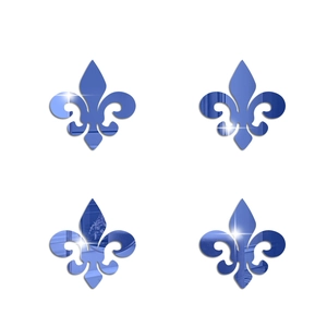 Set of four blue mirror acrylic fleur-de-lis wall stickers with a glossy reflective surface