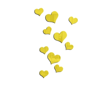Detail of 3D yellow acrylic mirror heart wall stickers with glossy reflective surface