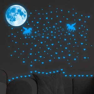 Glow In The Dark Wall Stickers Moon Stars Hearts Unicorns For Kids Room Bedroom PET Fluorescent Ceiling Decals Decor Set