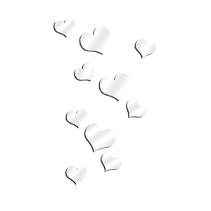 Detail of 3D acrylic mirror heart wall stickers with silver reflective surface