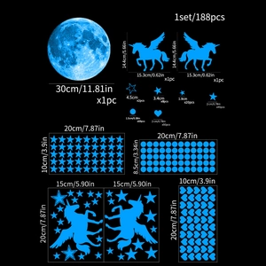 Detailed size map of 188pcs glowing unicorn and moon wall stickers set for bedrooms