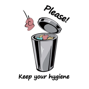 Waterproof PVC bathroom sticker with cartoon trash bin design and keep hygiene message