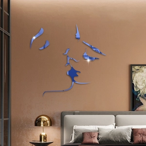 Modern blue acrylic mirror wall sticker showing an artistic couple silhouette for home decor