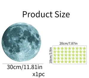Detailed size chart for moon and stars glow-in-the-dark wall stickers set