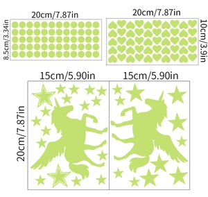 Detailed size specifications for glow-in-the-dark stars and unicorn wall stickers