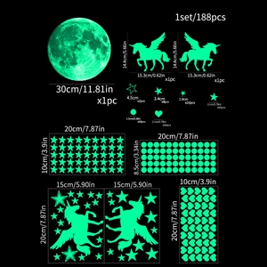 Detailed set of 188 glowing moon and stars wall stickers with a 30cm moon and unicorn