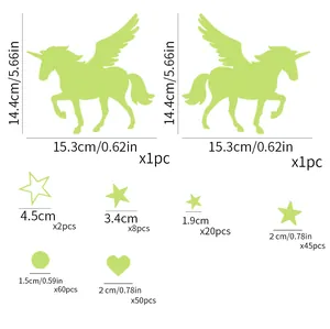Size chart detail for 186pcs glow in the dark stars and unicorn wall sticker set