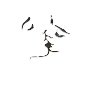 Detail of minimalist black acrylic mirror wall sticker featuring a kissing couple silhouette