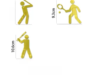 Detailed dimensions of gold acrylic sports mirror stickers including golf and tennis poses