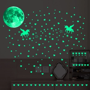 Luminous wall stickers set featuring glowing moon, unicorns, hearts and stars in the dark