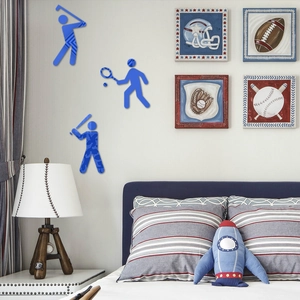 Close-up of blue acrylic sports mirror wall stickers showing golf and tennis silhouettes