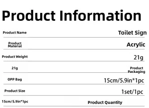 Specifications for acrylic toilet signs featuring size, weight, and multiple color options