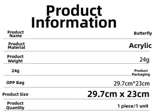 Detailed chart showing butterfly acrylic wall sticker size, weight, and color specifications