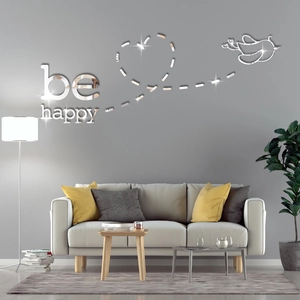 Detailed mirror acrylic wall sticker featuring be happy text and bird with heart design