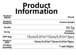 Detailed chart showing 15x15cm acrylic circle wall mirror specifications and 33pcs set options