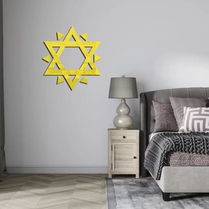 Yellow hexagram star acrylic wall mirror sticker decoration in a modern bedroom setting