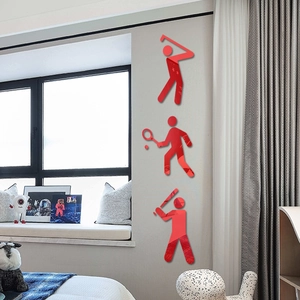 3D red sports silhouette acrylic wall stickers featuring golf, tennis, and baseball designs