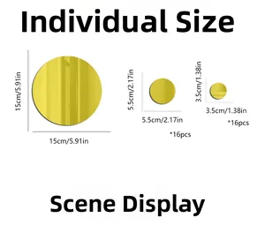 Detailed size comparison of golden acrylic mirror wall stickers with specific diameters