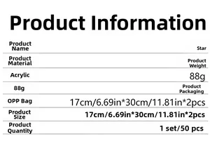 Detailed specifications for 3D acrylic star wall stickers with size and color options