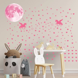Luminous wall stickers with pink moon, unicorns and stars for kids room decoration