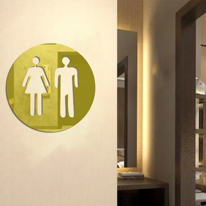 Modern round mirror gold acrylic restroom sign with male and female icons for commercial use