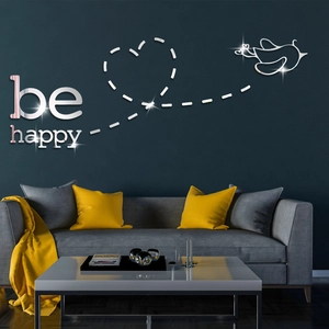 3D Mirror Acrylic Wall Stickers Be Happy Letters Heart Bird Removable Self-Adhesive Wall Decals Home Living Room Bedroom Decor