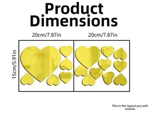 Detailed size chart for 3D acrylic heart mirror wall stickers measuring 20x15cm in gold