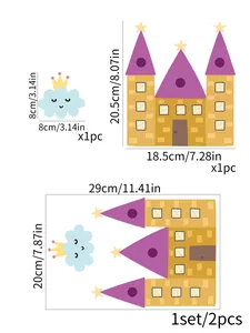 Detailed size guide showing cartoon castle and cloud toilet sticker dimensions in cm and inches