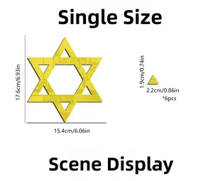 Size specifications for hexagonal star mirror wall sticker showing dimensions of the gold pieces