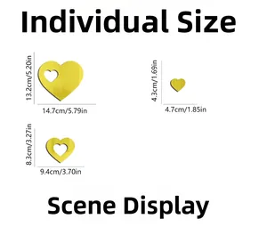 Size chart for golden mirror heart wall stickers in large, medium, and small dimensions