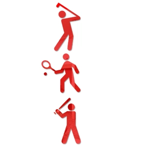 Detail of red acrylic mirror wall stickers featuring golf, tennis and baseball silhouettes