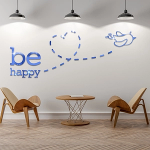 Detail of blue mirror acrylic 3D wall stickers featuring be happy text and bird design
