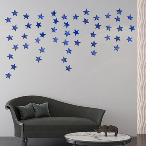 Detail of 3D blue star mirror acrylic wall stickers arranged in a modern living room decor