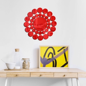 Red circular mirror wall stickers set with sunburst pattern for creative home wall decor