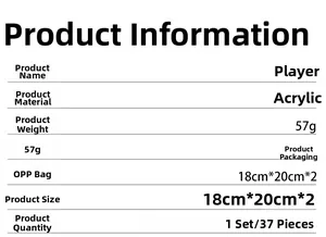 Detailed specifications table for acrylic player-shaped wall stickers in five colors