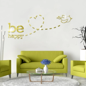 Modern 3D gold acrylic mirror wall sticker with be happy quote and heart pattern