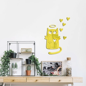 Detail of yellow cat acrylic mirror wall stickers with heart accents in a modern bedroom
