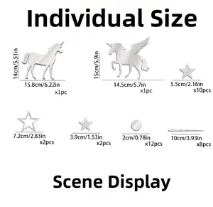 Detailed size chart for 3D mirror unicorn and star acrylic wall stickers with measurements