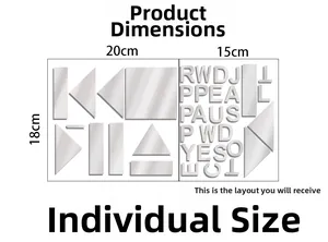 Detailed size chart for music player mirror wall stickers with geometric acrylic patterns
