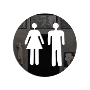 Detail of round acrylic restroom sign with white cutout icons for men and women