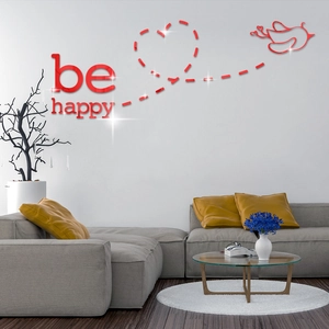 3D red mirror acrylic wall sticker featuring be happy quote with bird and heart for living room