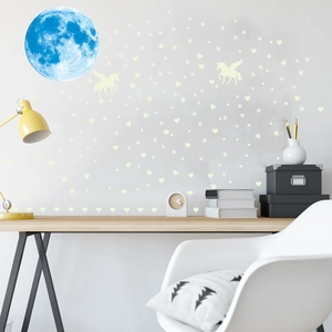 Glow in the dark wall stickers featuring blue moon stars and unicorns for bedroom decoration