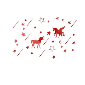 Detailed view of red mirror acrylic unicorn and star wall stickers with glossy finish