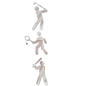 Detail view of 3 acrylic mirror wall stickers featuring golf, tennis, and baseball silhouettes